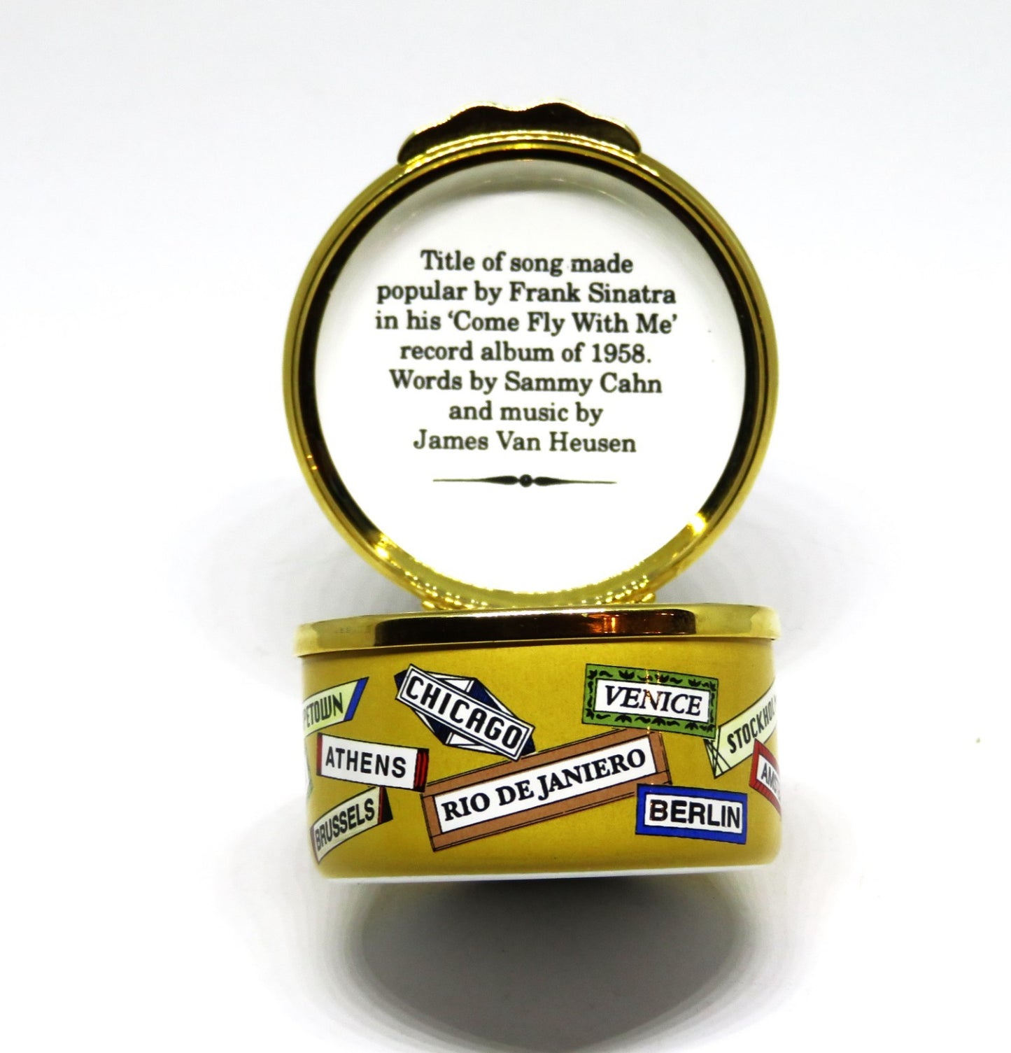 HALCYON DAYS ENAMEL BOX - "NICE TO GO TRAV'LING" - SINATRA SONG - WORLD CITIES