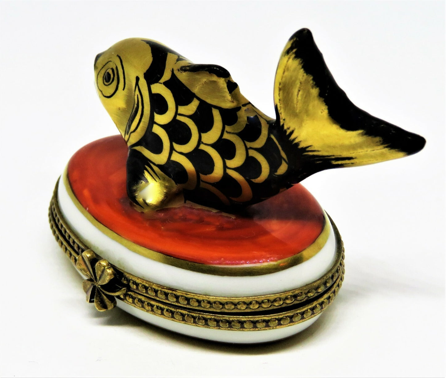 LIMOGES FRANCE BOX - BLACK & GOLD TROPICAL FISH - LUCKY FOUR LEAF CLOVER CLASP