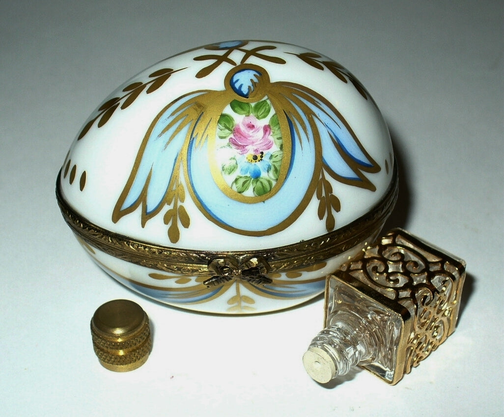 LIMOGES FRANCE BOX - FLORAL EGG - PINK ROSES & RIBBONS & PERFUME BOTTLE  - GR