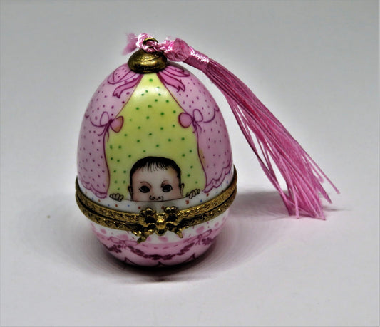 LIMOGES FRANCE BOX - VINTAGE EGG - BABY IN A CARRIAGE -PINK TASSEL  & BOWS- GIRL