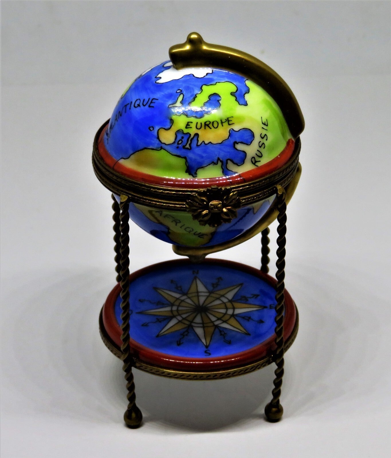 LIMOGES FRANCE BOX -PARRY-VIEILLE- WORLD GLOBE & METAL STAND - REMOVABLE COMPASS