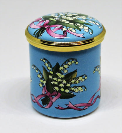 HALCYON DAYS ENAMEL BOX - BOUQUETS OF LILY OF THE VALLEY - FLOWERS - RIBBONS