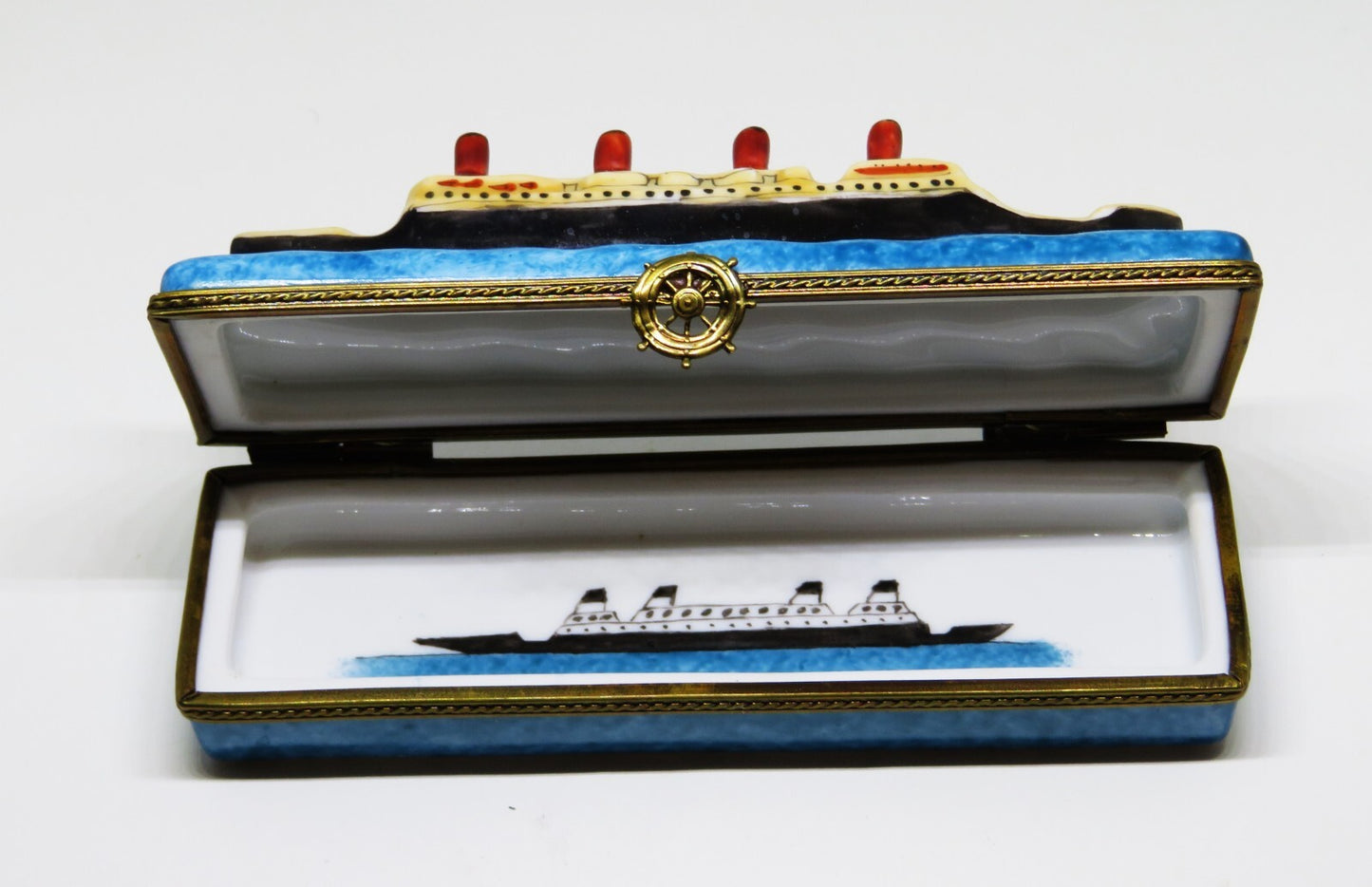 LIMOGES FRANCE BOX- CRUISE SHIP - LUXURY OCEAN LINER -SHIP'S WHEEL CLASP- TRAVEL