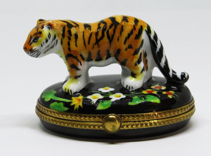 LIMOGES FRANCE BOX - TIGER ON A FLORAL BASE - WILD CATS - FLOWERS