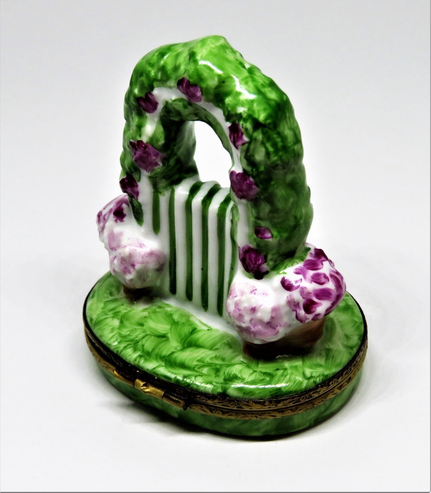 LIMOGES FRANCE BOX - EASTER BUNNY & ARBOR OF PINK FLOWERS & GARDEN GATE - RABBIT