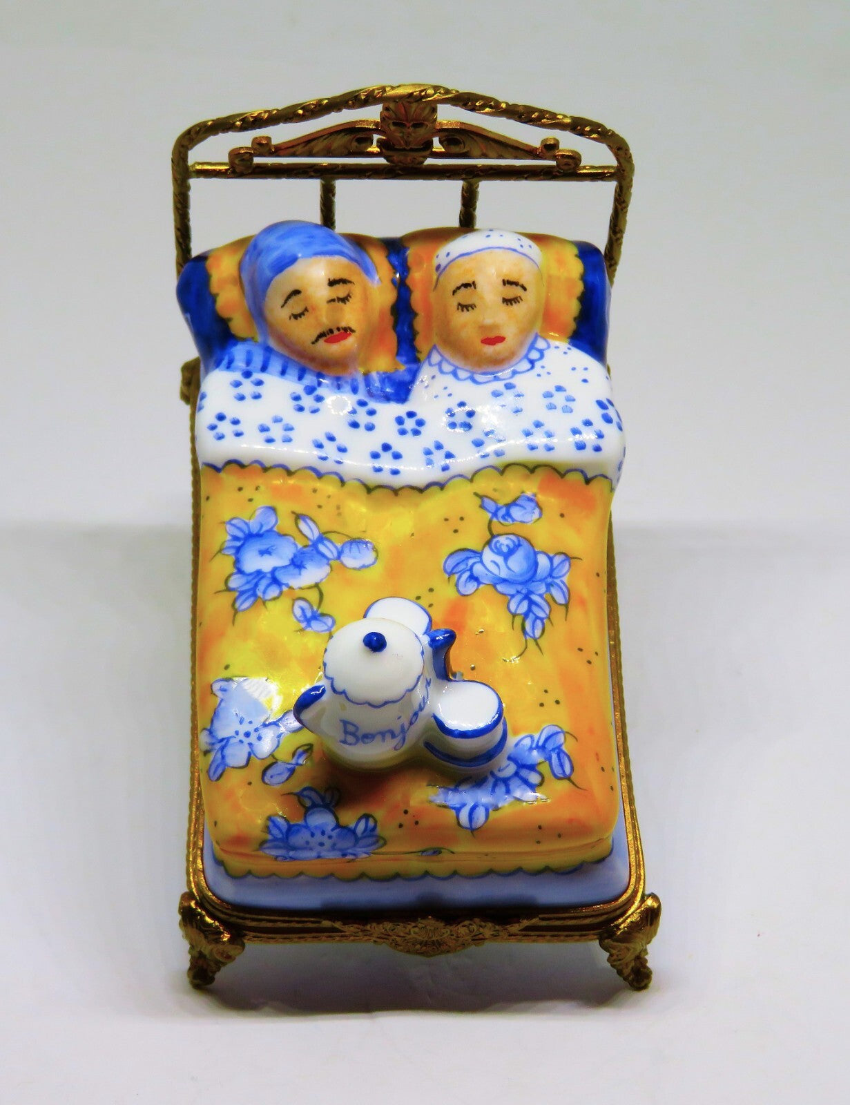 LIMOGES FRANCE BOX - COUPLE IN A BRASS BED - COFFEE  POT & CUPS - "BONJOUR"