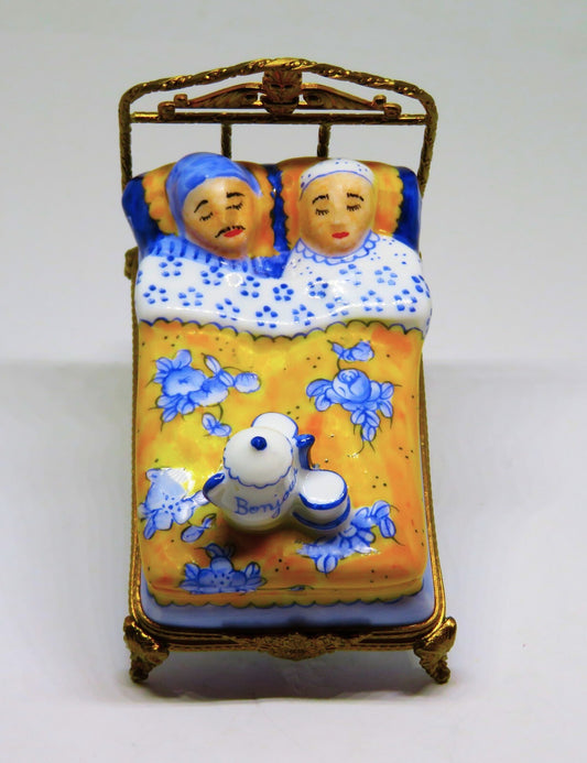 LIMOGES FRANCE BOX - COUPLE IN A BRASS BED - COFFEE  POT & CUPS - "BONJOUR"