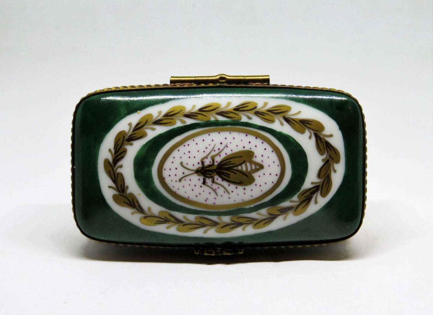 LIMOGES FRANCE STAMP BOX - ROCHARD - GOLD NAPOLEONIC BEE & LAUREL