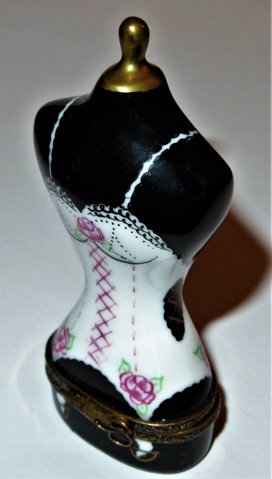 LIMOGES FRANCE BOX ~ CORSET MANNEQUIN ~ LACE & PINK ROSES ~ SEWING ~ PEINT MAIN