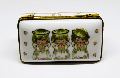 LIMOGES FRANCE BOX - ROCHARD - 3 LITTLE ANGELS - PINK HEARTS - "GOD BLESS YOU!"
