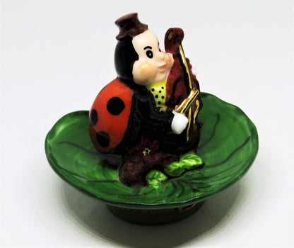 LIMOGES FRANCE BOX - WHIMSICAL LADYBUG PLAYING THE CELLO ON A LEAF - MUSIC