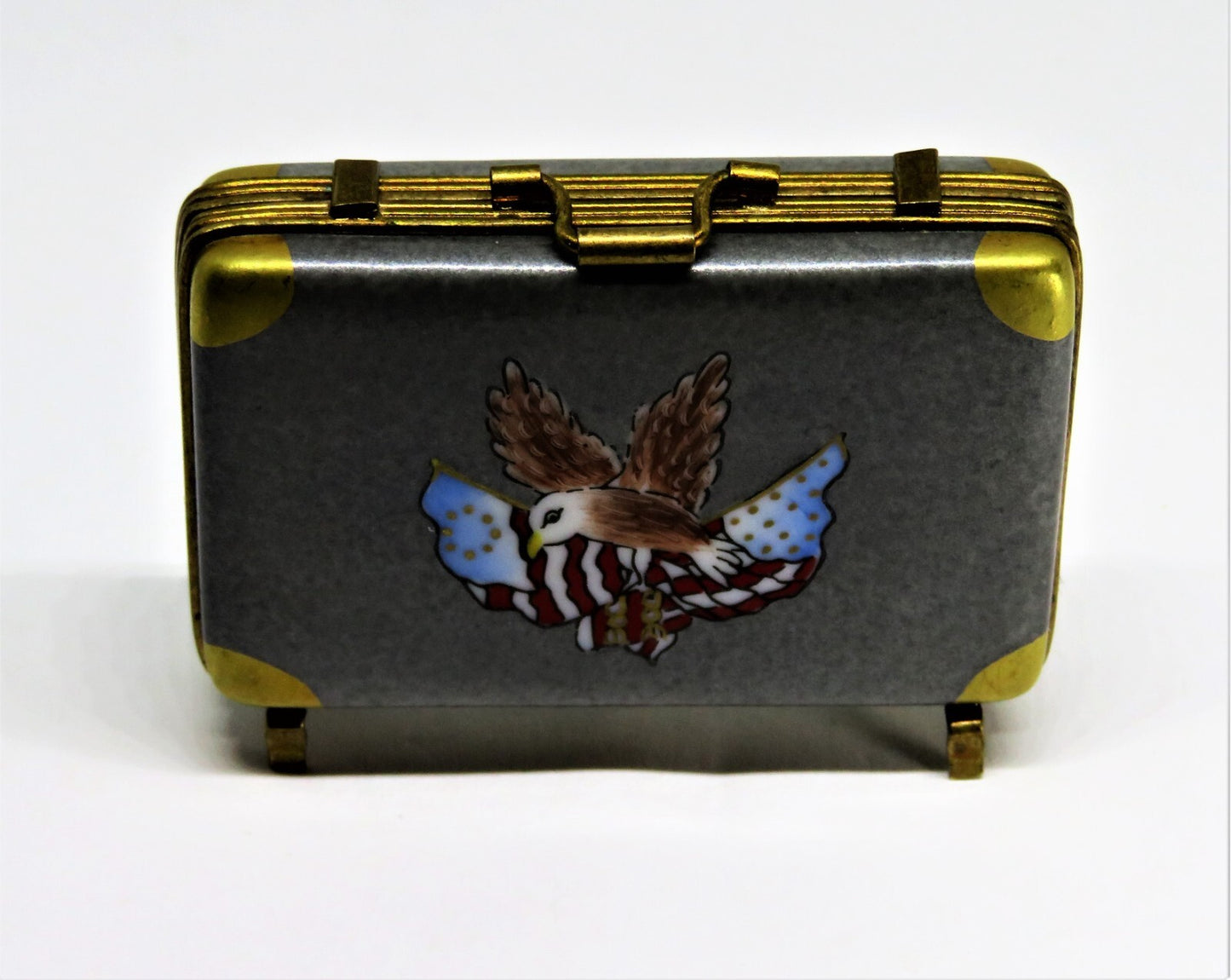 LIMOGES BOX - ROCHARD - VINTAGE WHITE HOUSE SUITCASE/ATTACHE CASE - EAGLE & FLAG