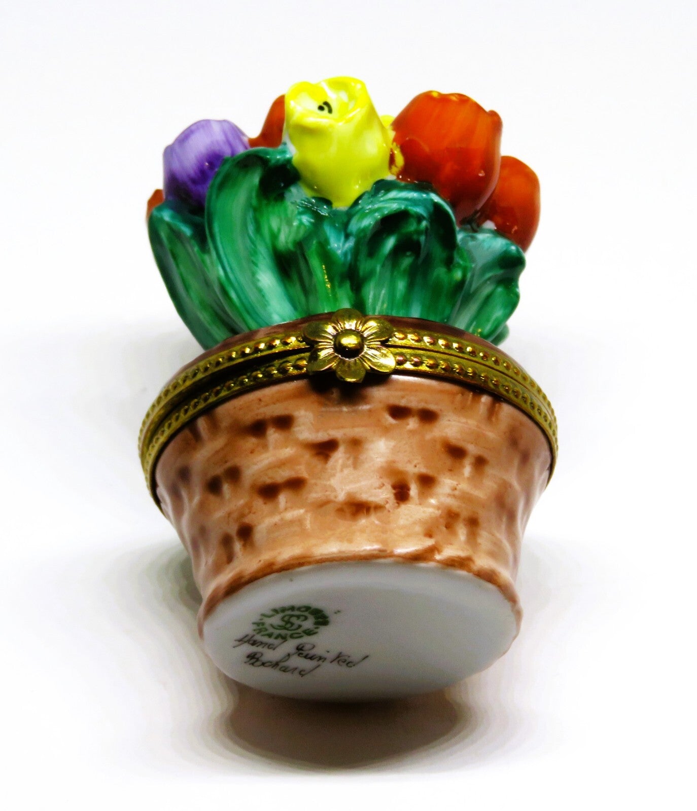 LIMOGES BOX ~ ROCHARD ~ VINTAGE BASKET OF TULIPS ~ FLOWERS ~ HAND PAINTED