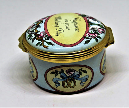 HALCYON DAYS ENAMEL BOX - "HAPPINESS ON YOUR WEDDING DAY" - ROSES & DOVES - MIB