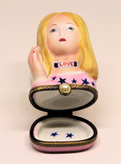 LIMOGES FRANCE BOX - CHANILLE - HIPPIE LADY HEAD VASE - TWO HAT PINS - LE - MIB