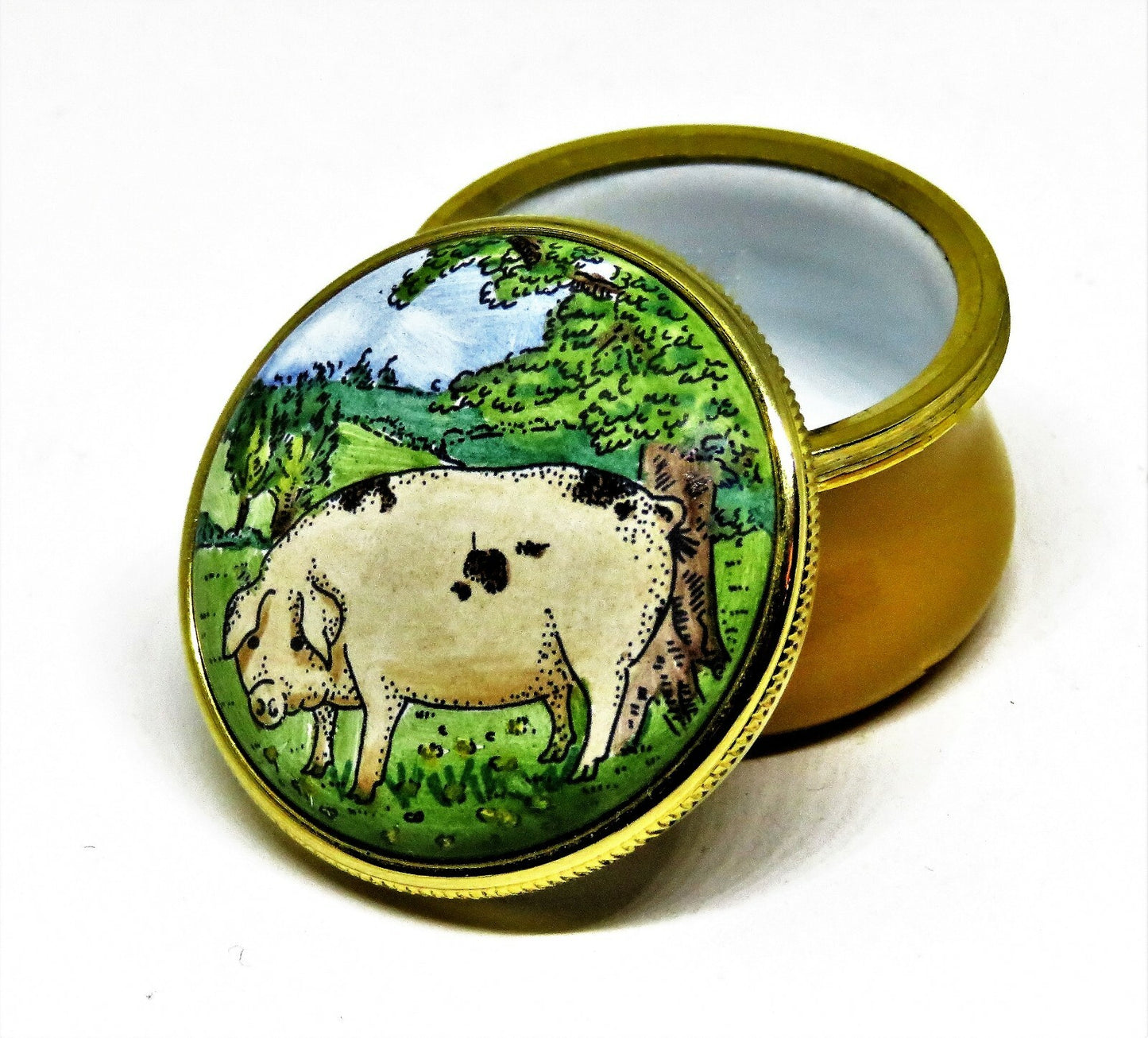 STAFFORDSHIRE ENAMELS BOX - PINK PIG WITH BLACK PATCHES - ACORNS & OAK LEAVES