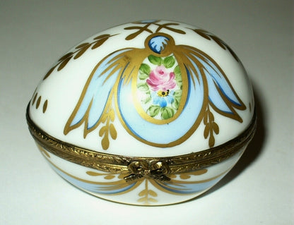 LIMOGES FRANCE BOX - FLORAL EGG - PINK ROSES & RIBBONS & PERFUME BOTTLE  - GR
