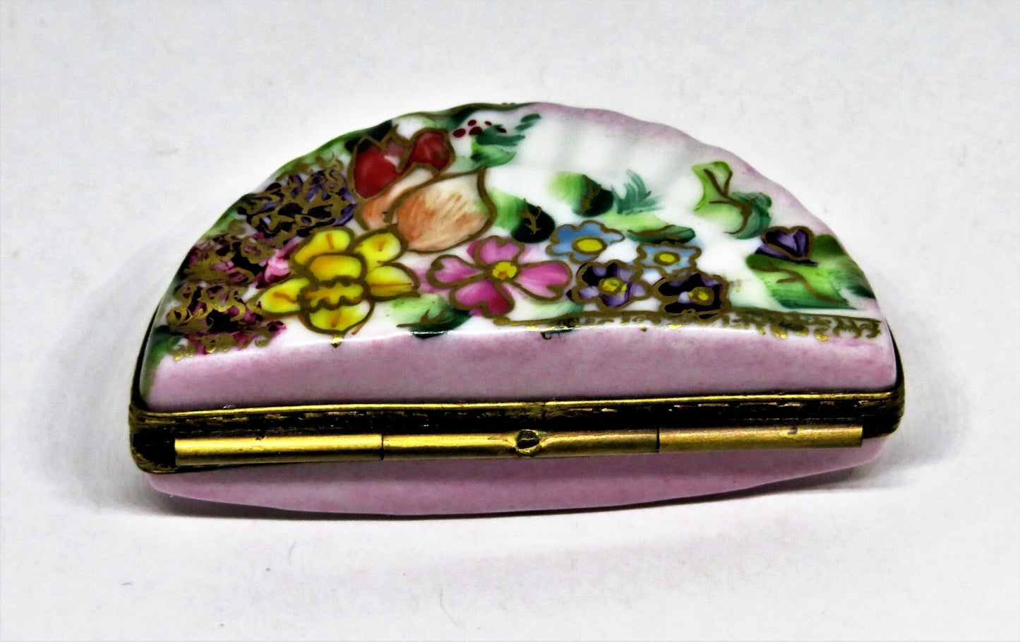 LIMOGES FRANCE BOX - TINY PINK & WHITE FLORAL ASIAN FAN - ASSORTED FLOWERS