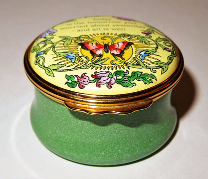 HALCYON DAYS ENAMEL BOX - "TODAY IS THE TOMORROW YOU WORRIED ABOUT YESTERDAY"