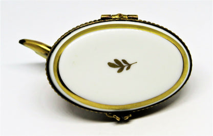 LIMOGES FRANCE BOX - BLACK & GOLD TROPICAL FISH - LUCKY FOUR LEAF CLOVER CLASP