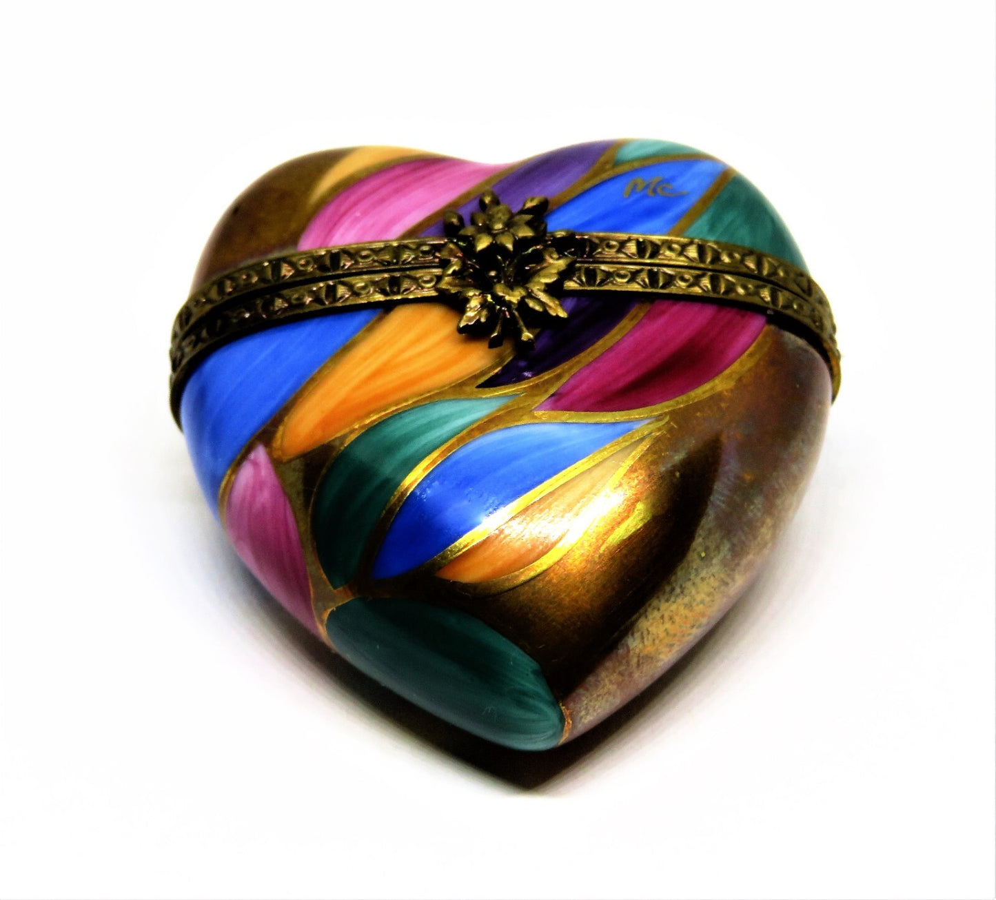 LIMOGES BOX ~ ROCHARD ~ VINTAGE MOSAIC LEAF HEART ~ SIGNED "MC" - ANNIVERSARY