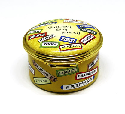 HALCYON DAYS ENAMEL BOX - "NICE TO GO TRAV'LING" - SINATRA SONG - WORLD CITIES