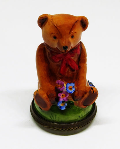 STAFFORDSHIRE ENGLISH ENAMEL BOX - TEDDY BEAR BONBONNIERE - 3D FLOWERS - MIB