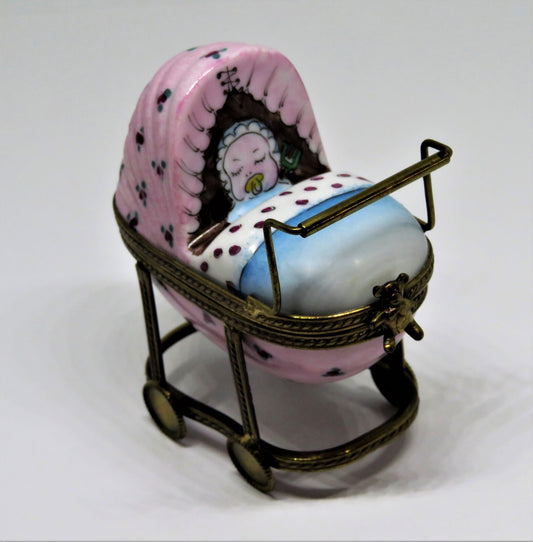 LIMOGES FRANCE BOX - PINK FLORAL BABY CARRIAGE - TEDDY BEAR CLASP - PACIFIER