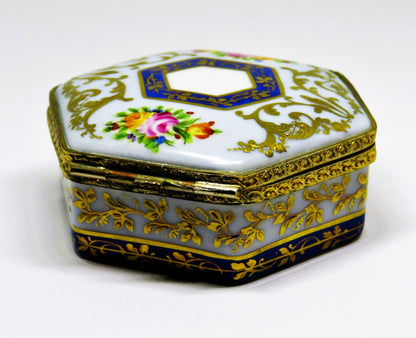 LIMOGES FRANCE HEXAGON BOX - LE TALLEC - FLOWERS & GOLD VINES - ROSES - 1960