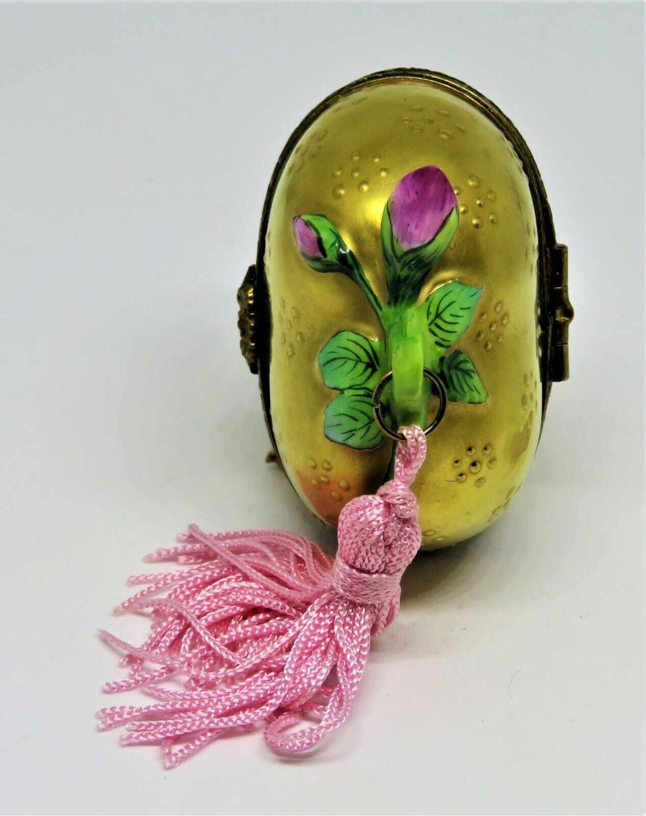 LIMOGES BOX - ROCHARD - GOLD FLORAL HEART & PERFUME BOTTLE - PINK ROSES & TASSEL