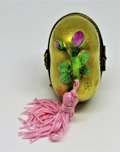 LIMOGES BOX - ROCHARD - GOLD FLORAL HEART & PERFUME BOTTLE - PINK ROSES & TASSEL