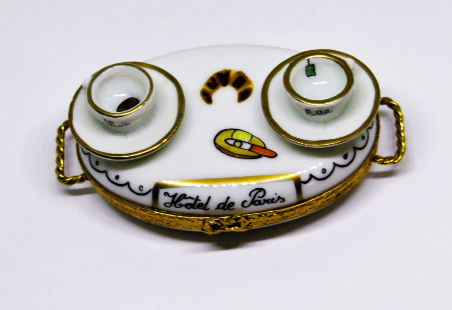 LIMOGES BOX- "HOTEL DE PARIS" BREAKFAST SERVING TRAY - CUPS & CHEESE & CROISSANT