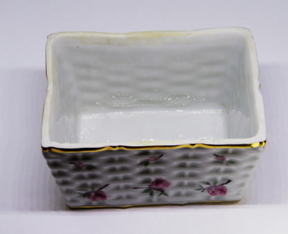 LIMOGES FRANCE TWO PIECE BOX ~ 'WOVEN WICKER' WITH PINK FLOWERS & BUDS