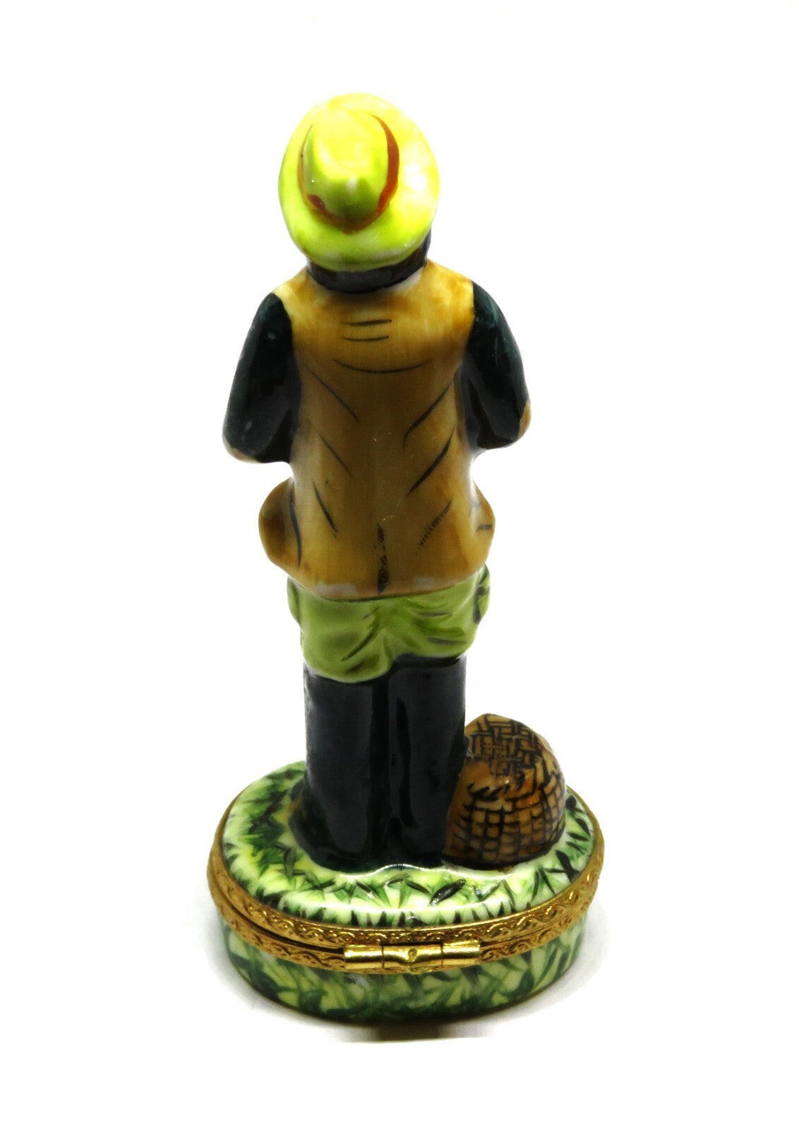 LIMOGES FRANCE BOX ~ FISHERMAN ~ ROD & CREEL & FISH ~ PEINT MAIN - PEINT MAIN