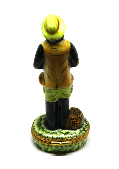 LIMOGES FRANCE BOX ~ FISHERMAN ~ ROD & CREEL & FISH ~ PEINT MAIN - PEINT MAIN