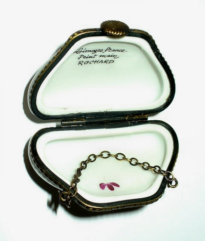 LIMOGES FRANCE BOX~ ROCHARD ~ FLORAL PURSE & CHAIN ~ ROSE & STRIPES ~ PEINT MAIN