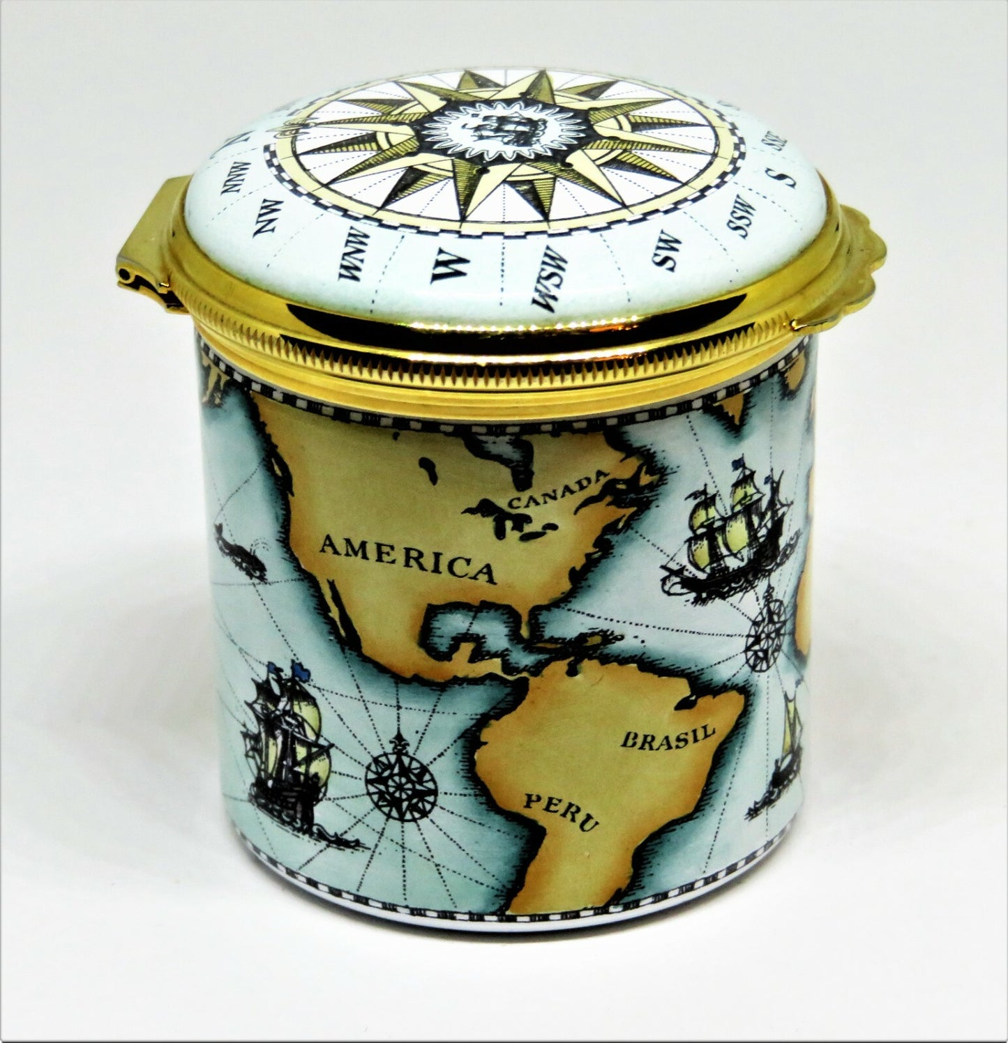 HALCYON DAYS ENAMEL BOX - ANTIQUE NAUTICAL MAP - MASTED SAILING SHIPS - COMPASS