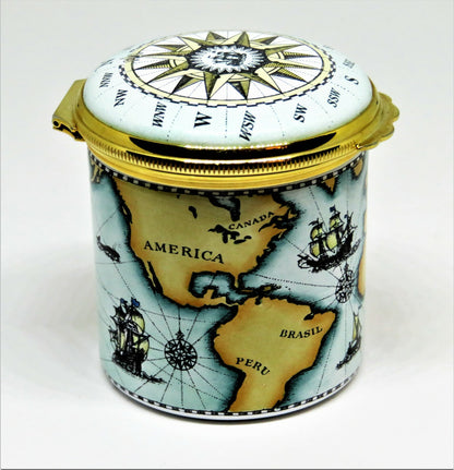 HALCYON DAYS ENAMEL BOX - ANTIQUE NAUTICAL MAP - MASTED SAILING SHIPS - COMPASS