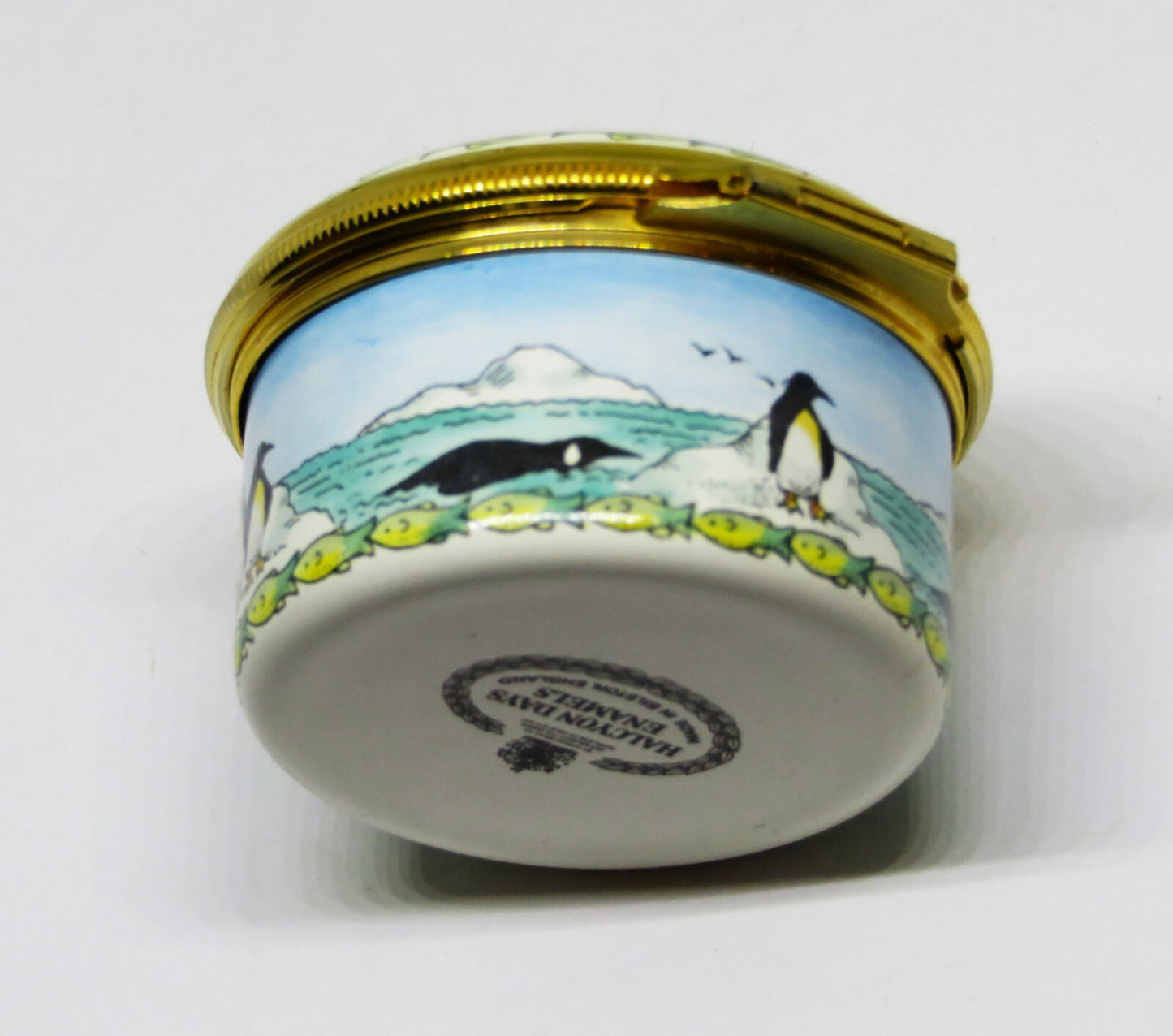 HALCYON DAYS ENGLISH ENAMEL BOX - EMPEROR PENGUINS - BIRDS - FISH - ANTARCTICA