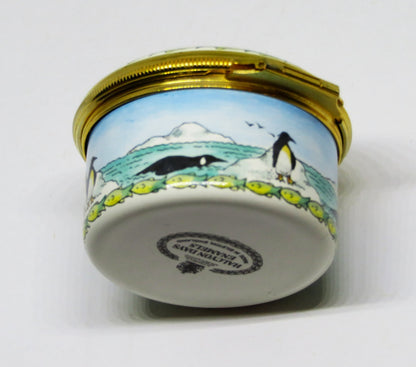 HALCYON DAYS ENGLISH ENAMEL BOX - EMPEROR PENGUINS - BIRDS - FISH - ANTARCTICA
