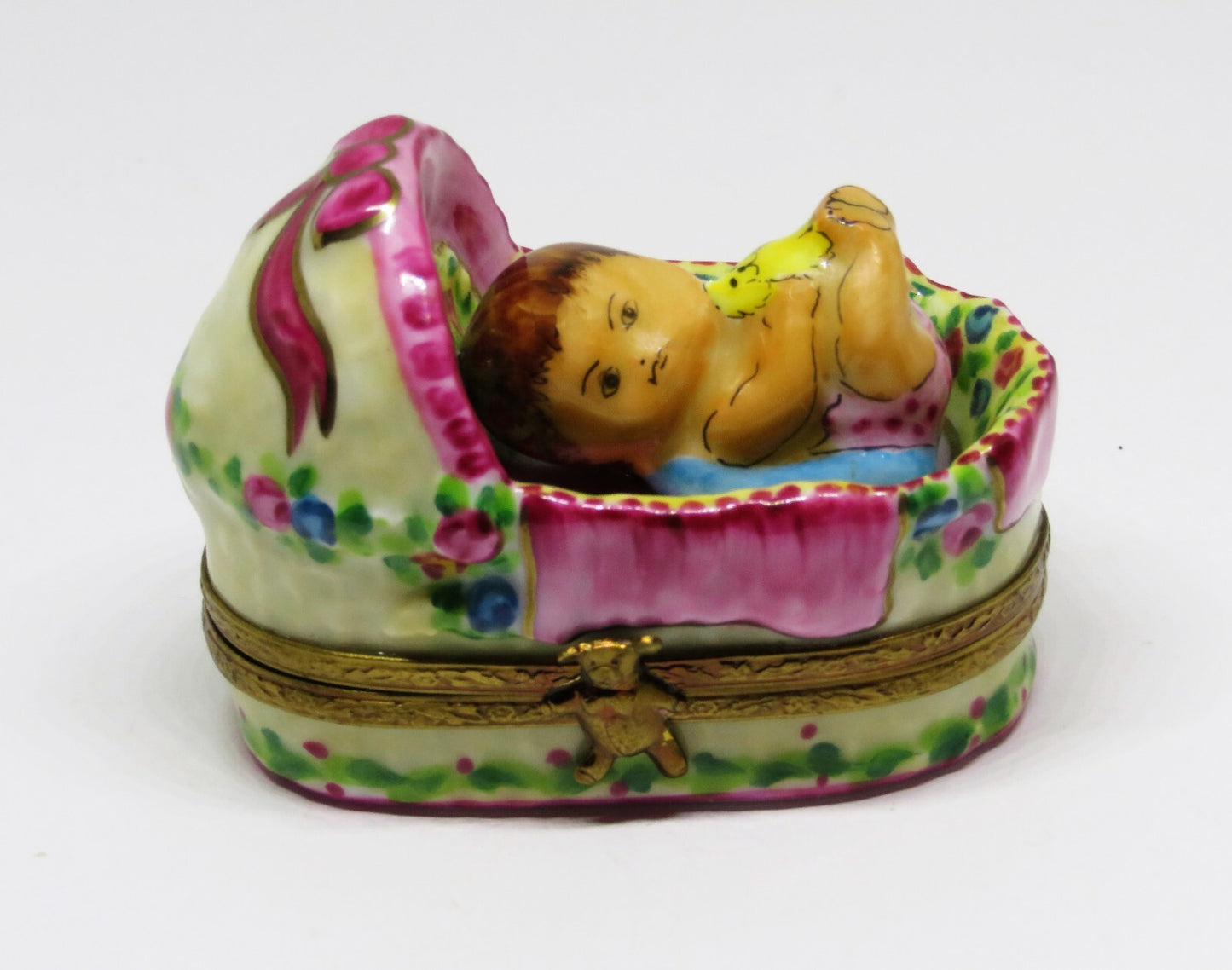 LIMOGES FRANCE BOX - ROCHARD - BABY GIRL IN A BASKET - ROSES & BOW & HEART - BIB