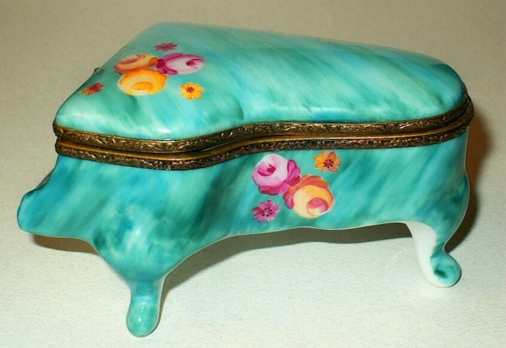 LIMOGES FRANCE BOX~ TEAL GRAND PIANO & FLOWERS ~ ROSES ~ SHEET MUSIC ~PEINT MAIN
