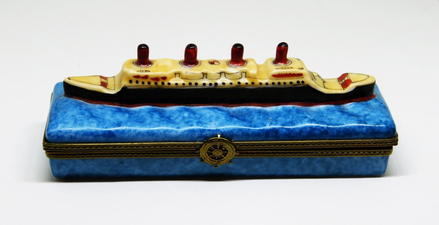 LIMOGES FRANCE BOX- CRUISE SHIP - LUXURY OCEAN LINER -SHIP'S WHEEL CLASP- TRAVEL