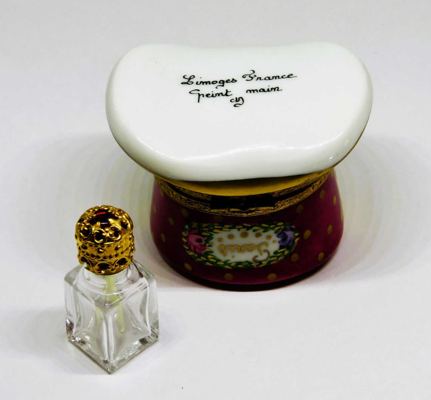 LIMOGES FRANCE BOX - PARIS PARFUMERIE HAT & PERFUME BOTTLE - FLOWERS - ROSES