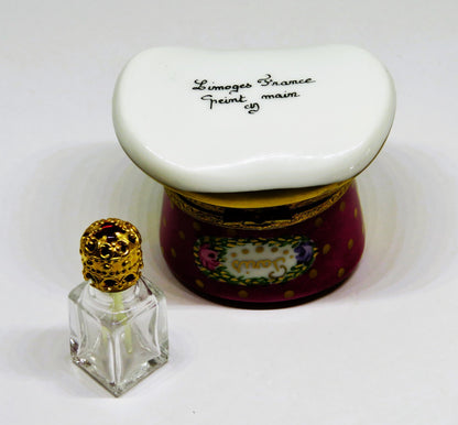 LIMOGES FRANCE BOX - PARIS PARFUMERIE HAT & PERFUME BOTTLE - FLOWERS - ROSES