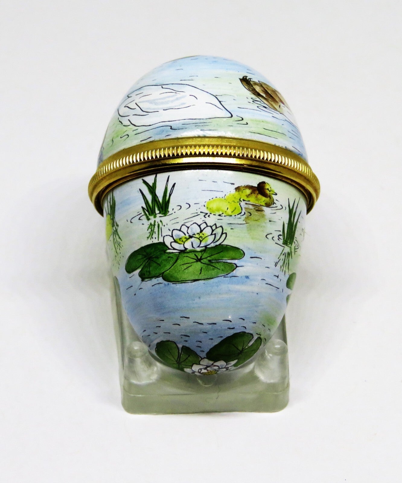 STAFFORDSHIRE ENGLISH ENAMEL BOX -VINTAGE EGG- DUCKS & LILY PADS - WHITE FLOWERS