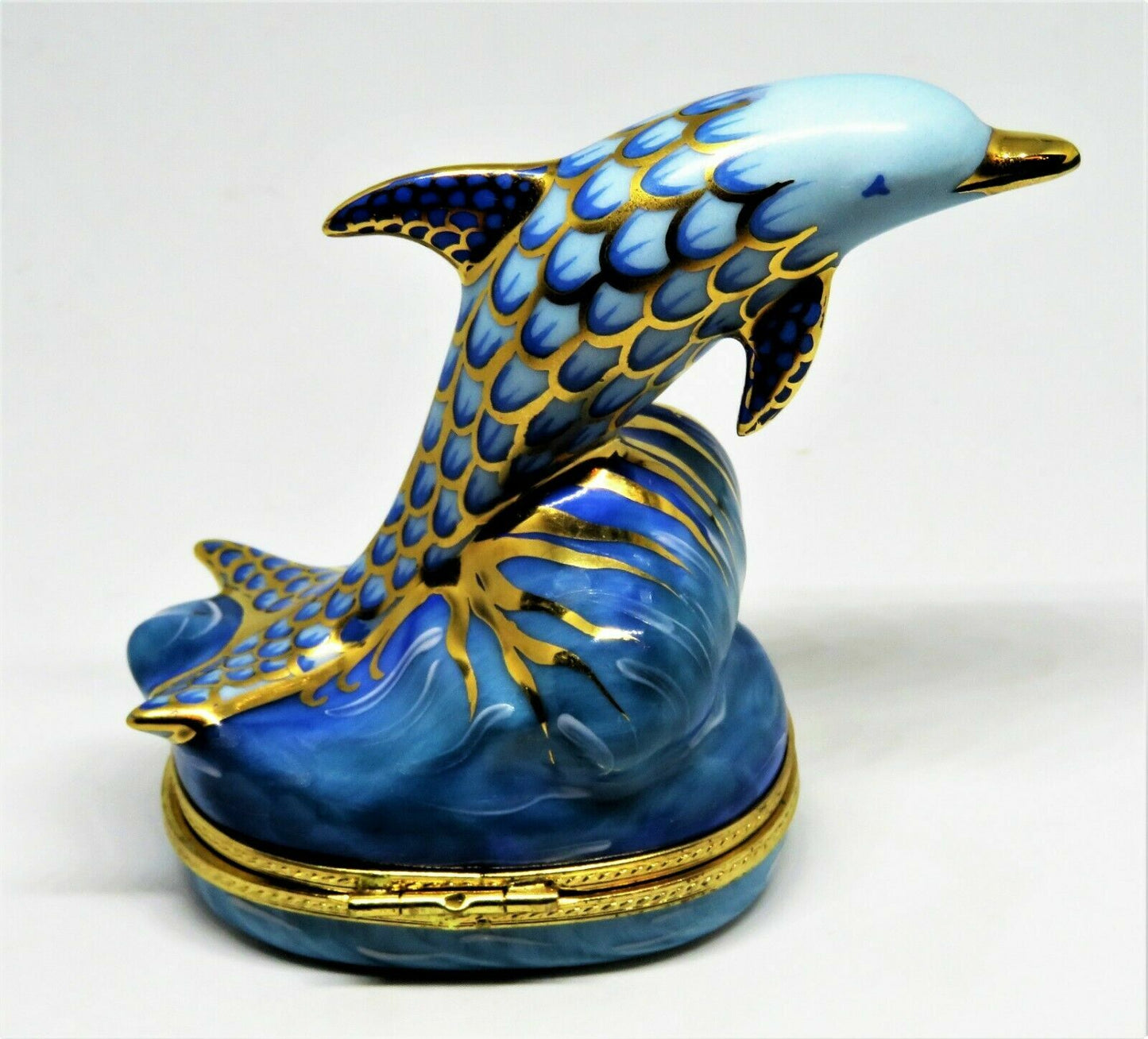 LIMOGES FRANCE BOX - FISHNET DOLPHIN RIDING A WAVE - FISH NET STYLE - MIB