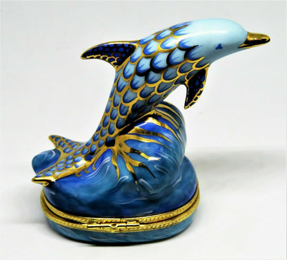 LIMOGES FRANCE BOX - FISHNET DOLPHIN RIDING A WAVE - FISH NET STYLE - MIB