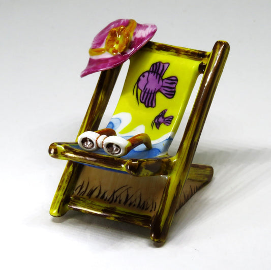 LIMOGES BOX - SINCLAIR - BEACH CHAIR & FISH - 'STRAW' HAT & FLOWER & SUNGLASSES