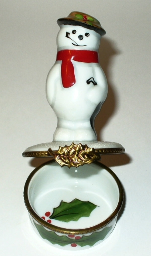 LIMOGES FRANCE BOX- ROCHARD - CHRISTMAS -SNOWMAN & SCARF & HAT & UMBRELLA- HOLLY